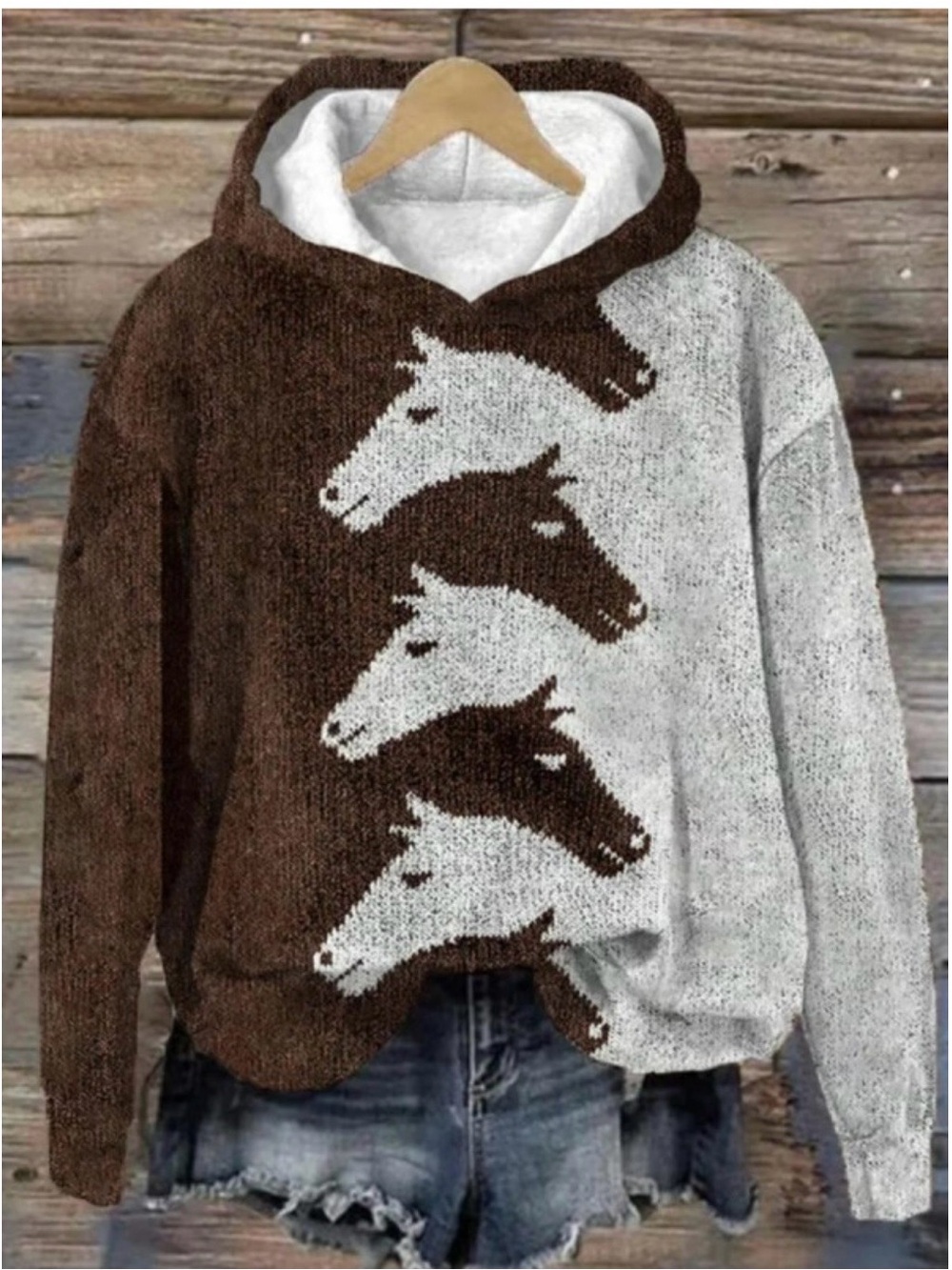 Horse Motif Hooded Pullover Sweatshirt in Brown and Cream